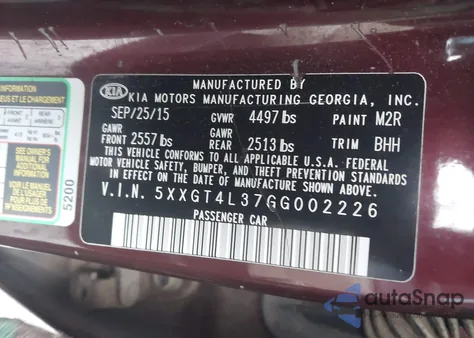 2016 Kia Optima Lx z USA, uszkodzony, nr VIN 5XXGT4L37GG002226